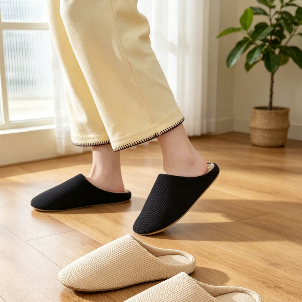 Chaussons homme noirs en velours côtelé portés à la maison, avec une paire beige posée au premier plan