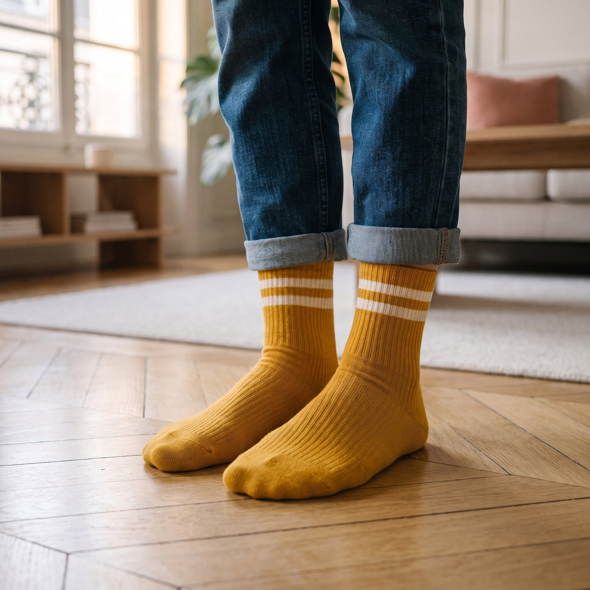 Chaussettes de tennis jaune moutarde, hauteur mi-mollet, portées