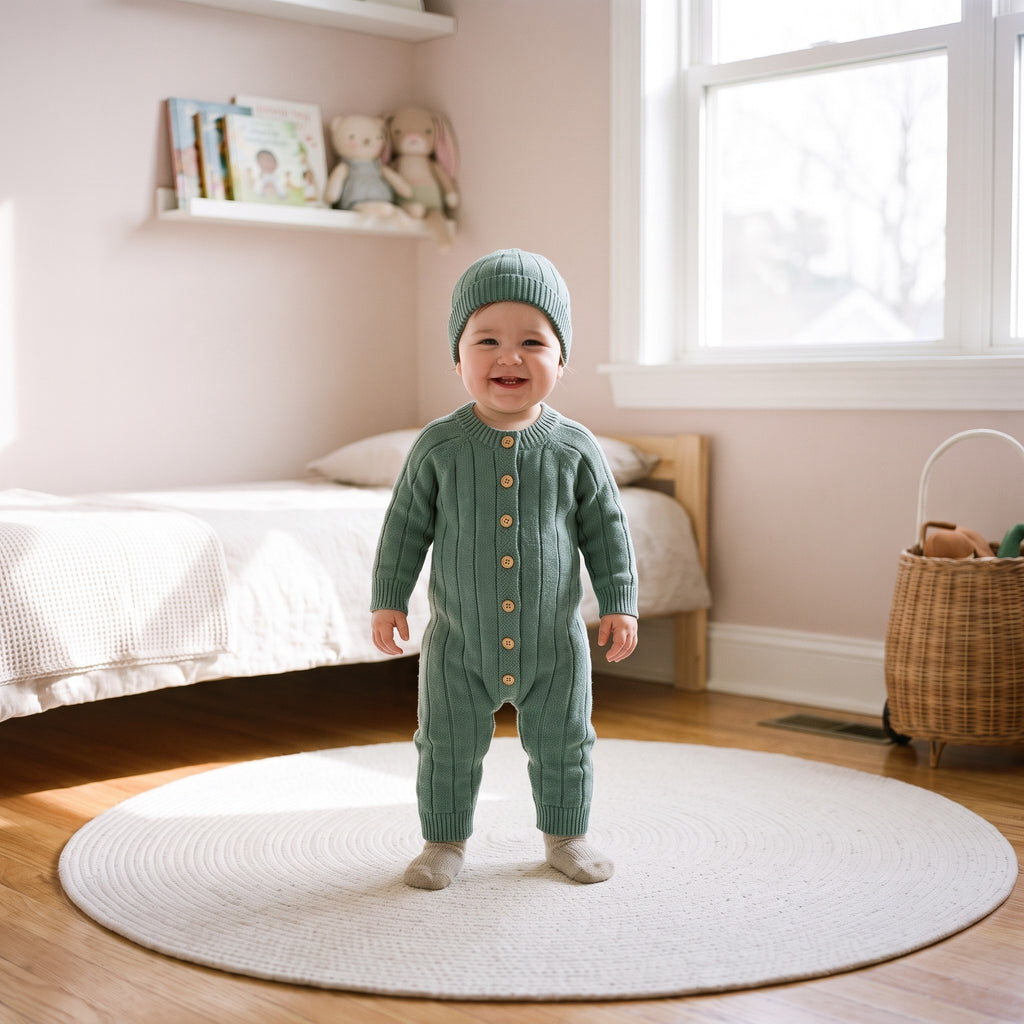 Bébé debout portant la barboteuse en tricot côtelé et son bonnet assorti, coloris vert sauge