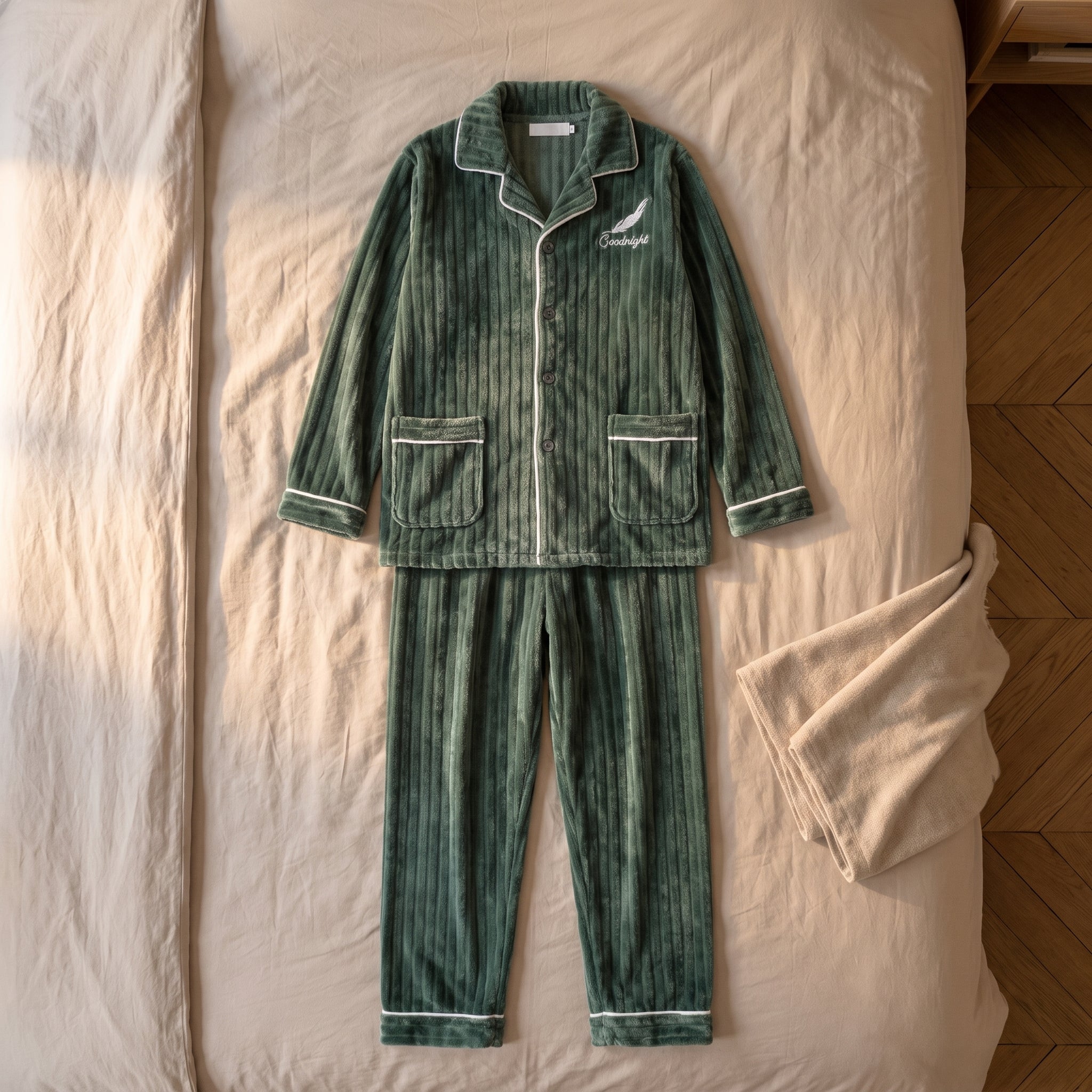 Le pyjama homme vert sapin posé à plat sur le lit, veste et pantalon dépliés Image