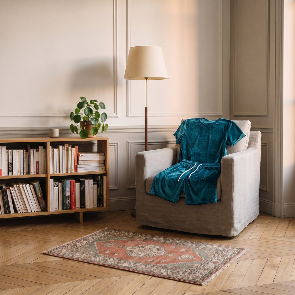 Ensemble en velours bleu canard posé sur le fauteuil du coin lecture.