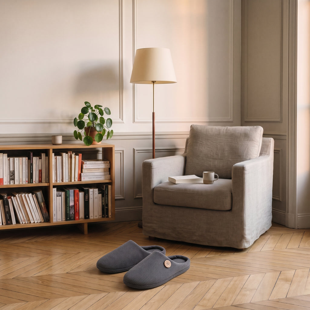 Chaussons homme gris foncé posés au pied du fauteuil de lecture