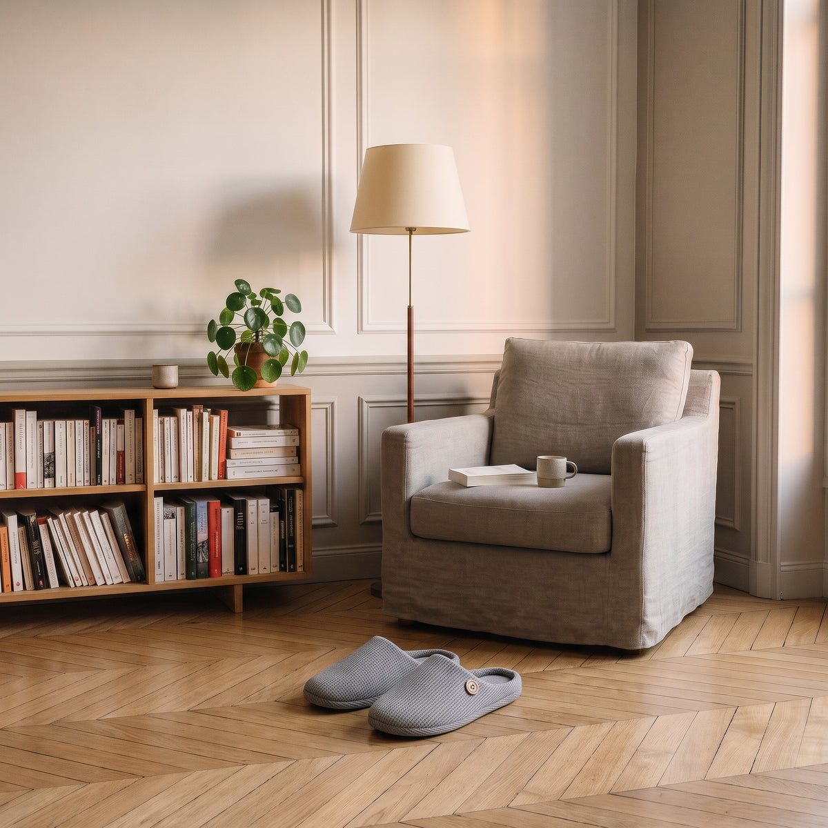 Chaussons homme gris posés au pied du fauteuil de lecture