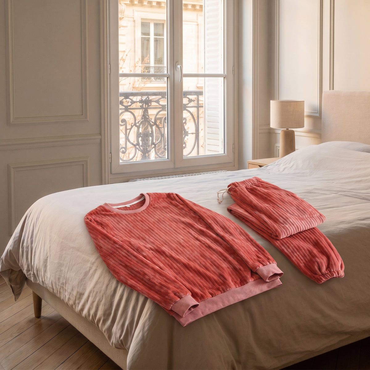 Le haut et le pantalon du pyjama en peluche côtelée rouge brique posés côte à côte sur un lit.