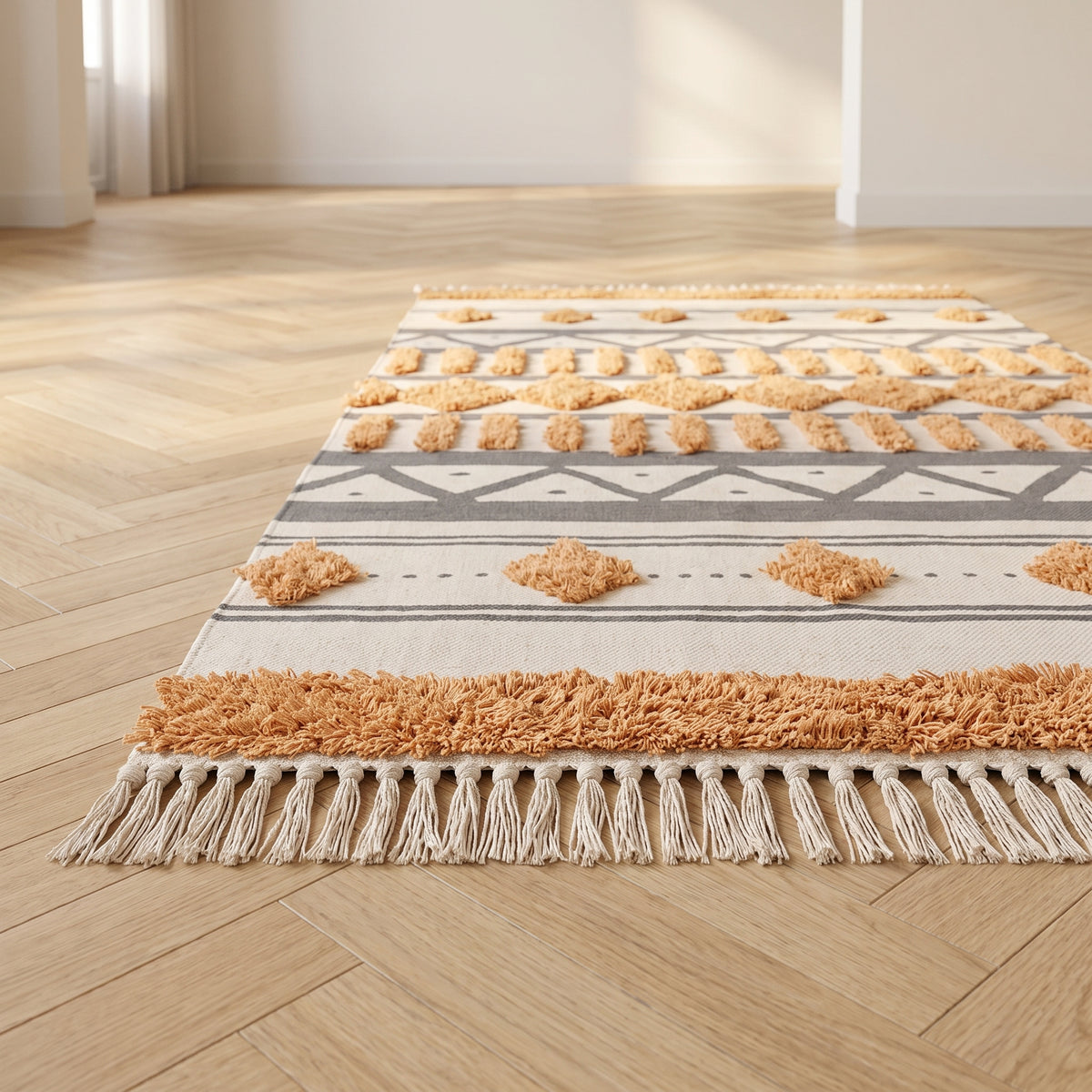 Bord du tapis d'inspiration orientale et sa frange étalée sur le parquet