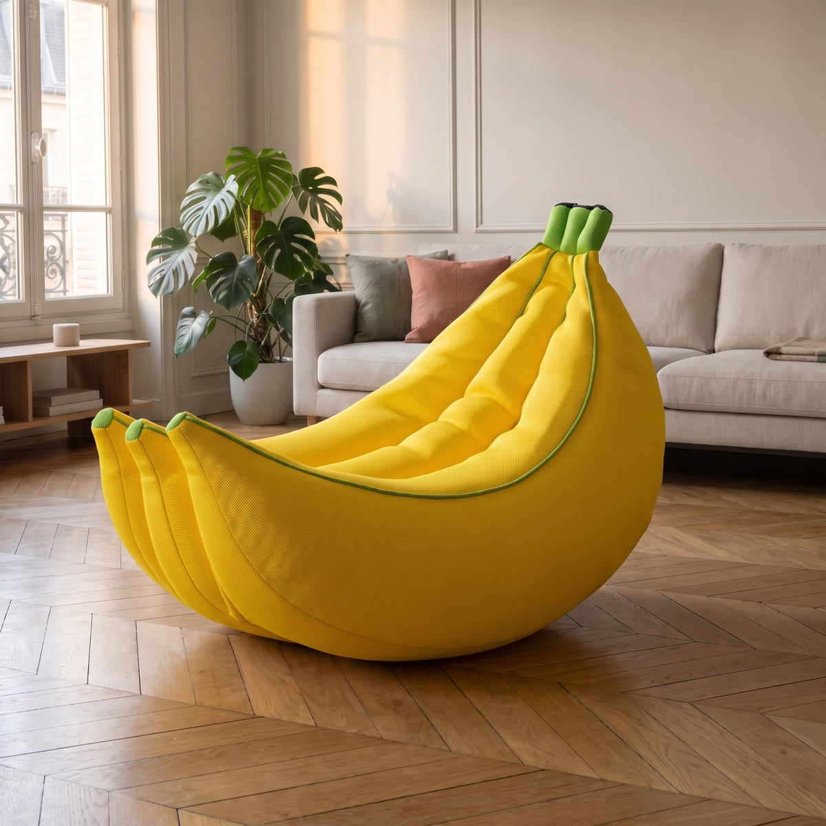 Détail du pouf banane jaune taille M