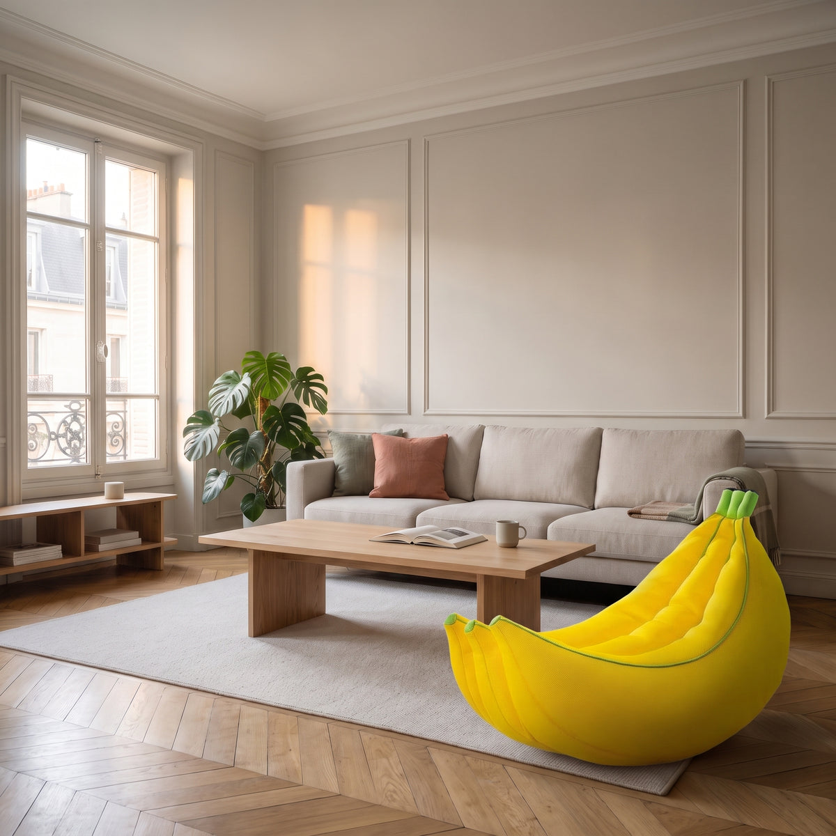 Pouf banane jaune taille M près d’un canapé