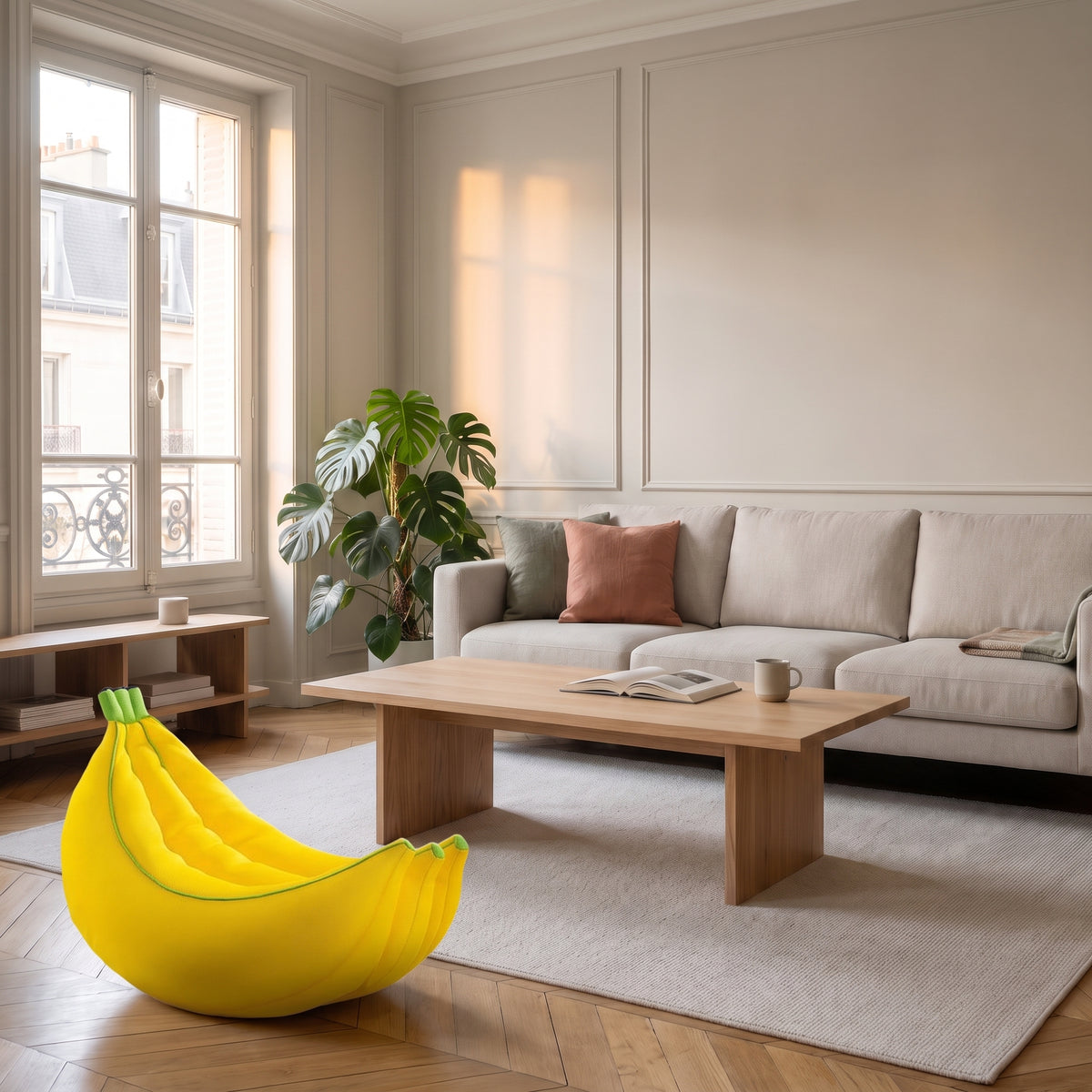 Pouf banane jaune taille S dans un salon lumineux