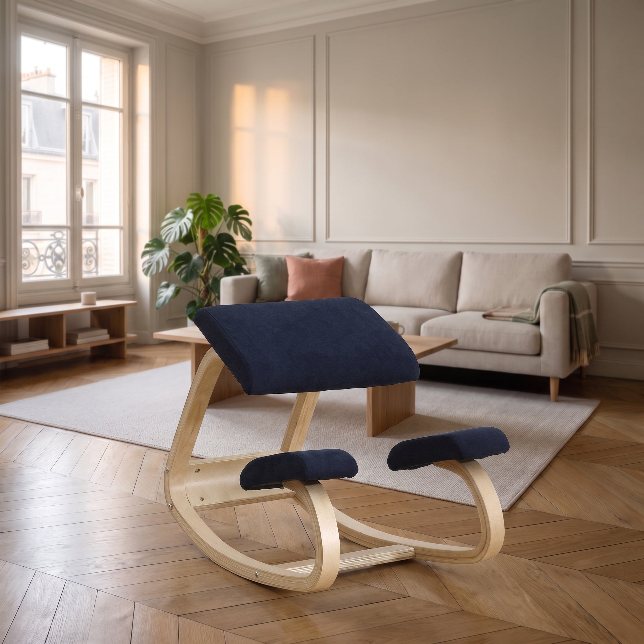 Chaise à genoux ergonomique bleu foncé en bois vue de trois quarts Image