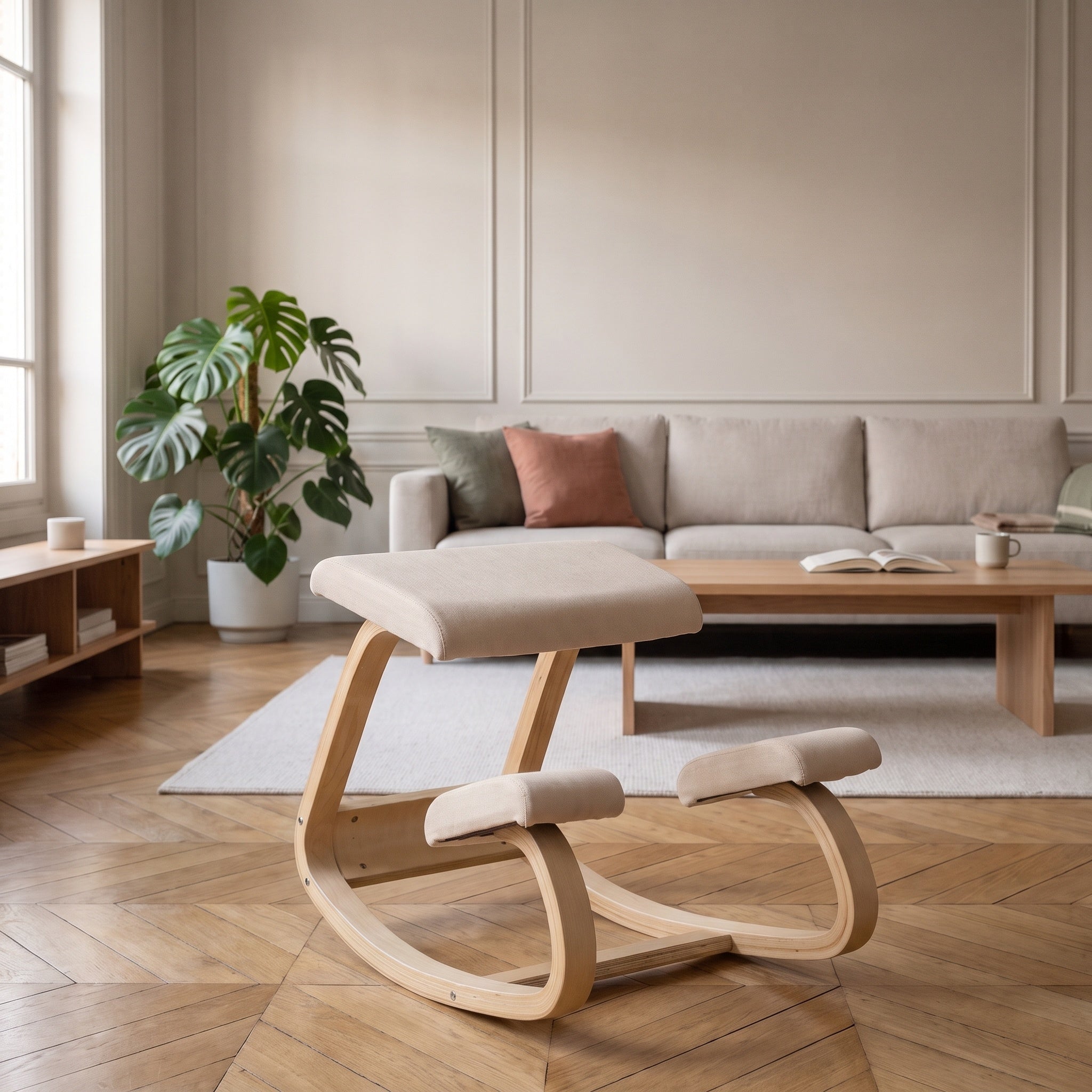 Chaise à genoux ergonomique blanc crème dans un intérieur chaleureux Image