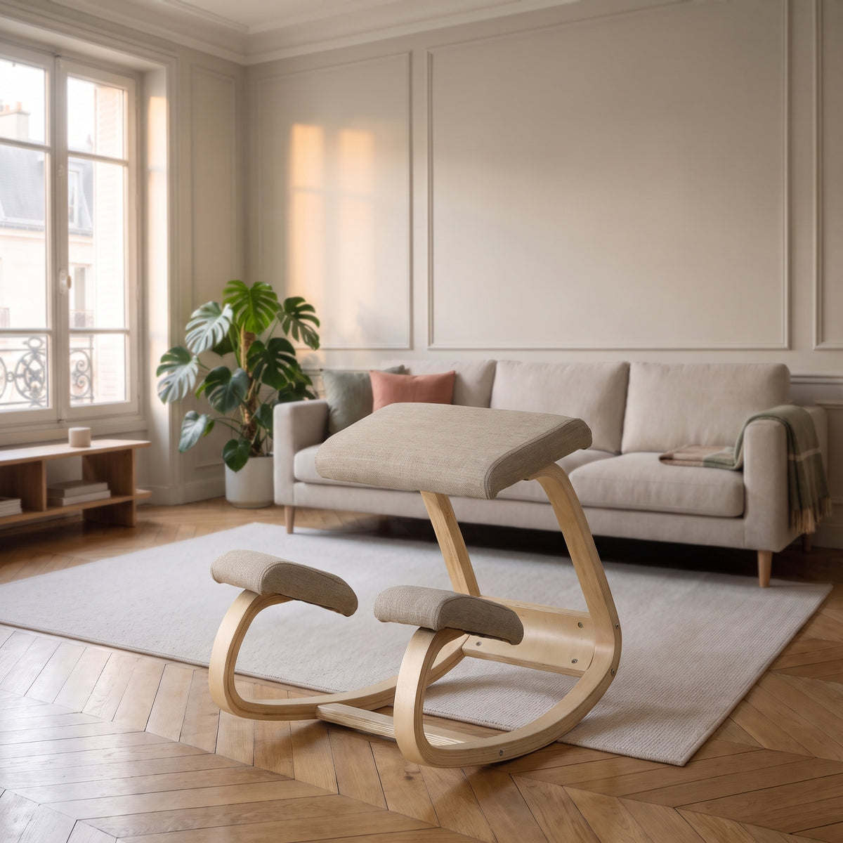 Chaise à genoux ergonomique gris clair en bois près d’un canapé