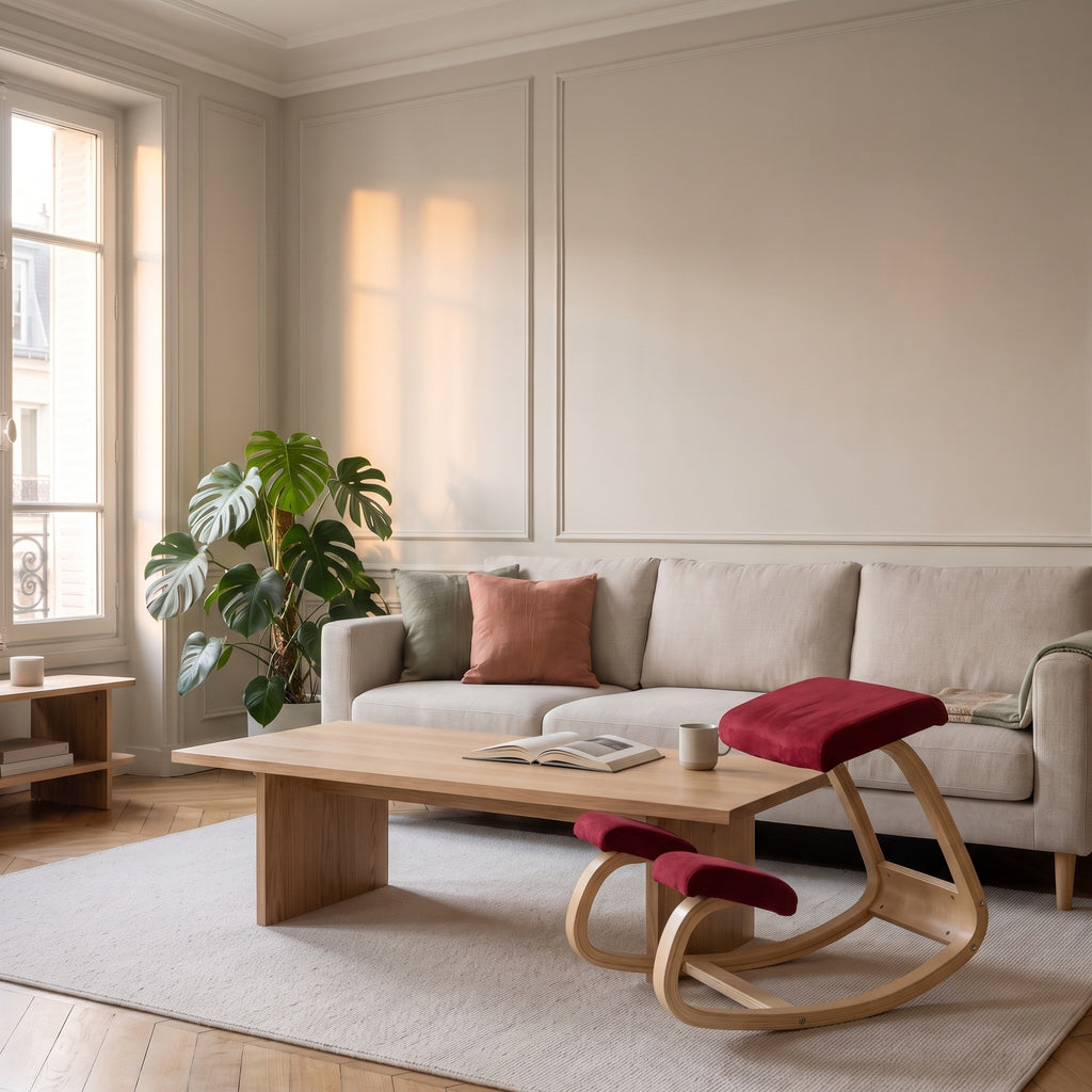 Chaise à genoux ergonomique rouge en bois dans un salon