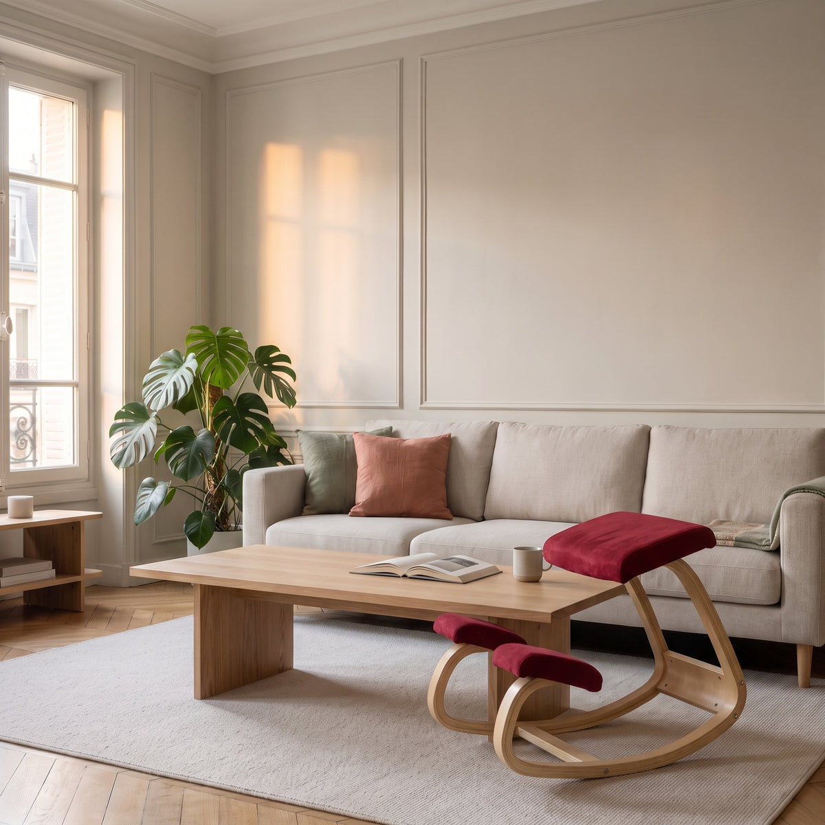 Chaise à genoux ergonomique rouge en bois dans un salon