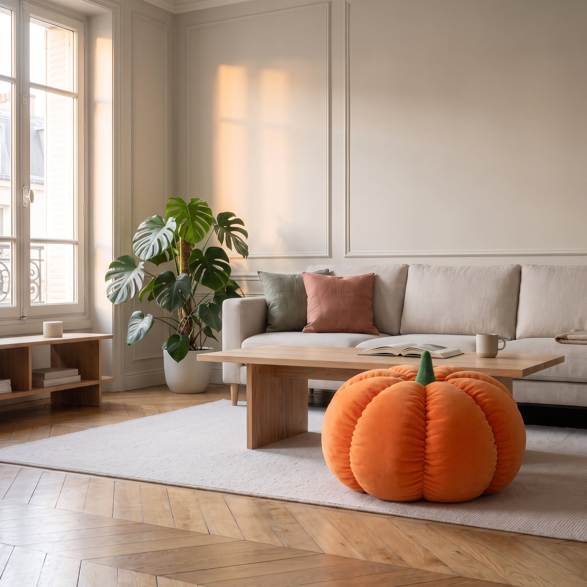 Pouf citrouille orange posé sur le tapis du salon, à côté de la table basse, vu au ras du sol Image