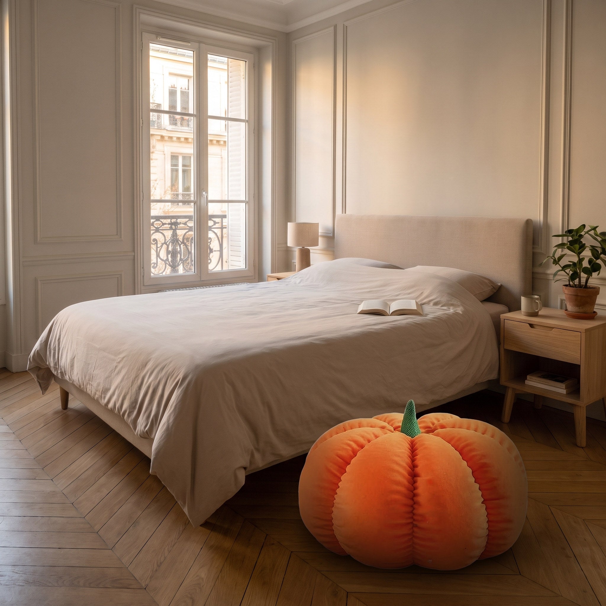 Pouf citrouille orange posé au pied du lit dans une chambre Image