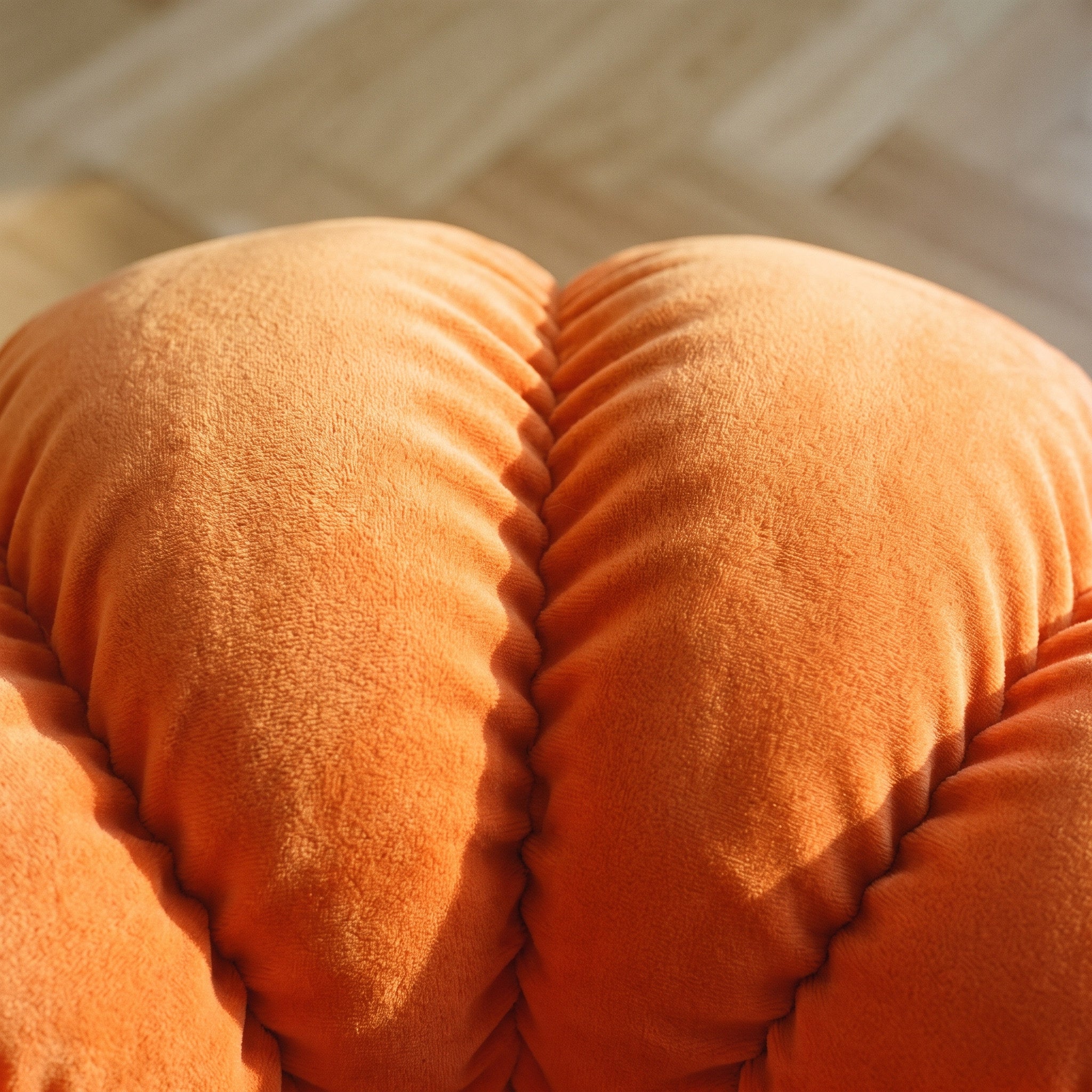 Pédoncule vert et coutures froncées du pouf citrouille, vus de près Image