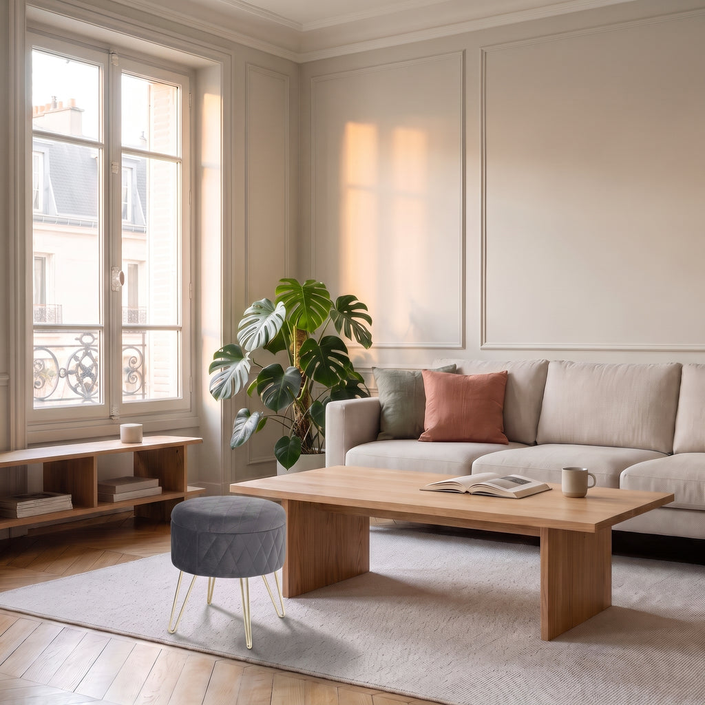 Pouf rond de rangement imitation velours gris foncé dans le salon