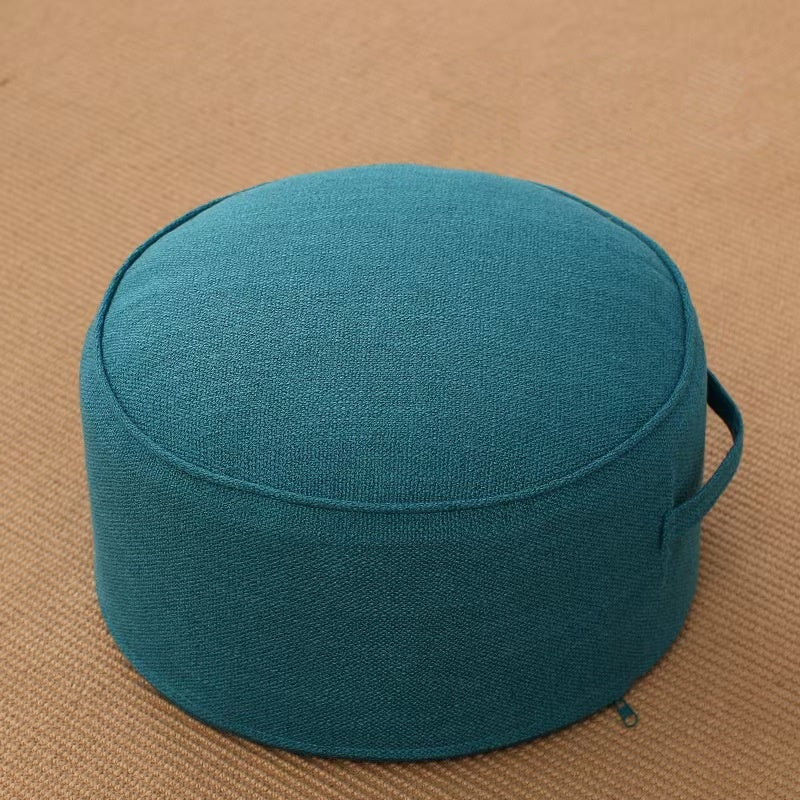 Pouf de sol rond en lin bleu canard, diamètre 40 cm, avec poignée et passepoil