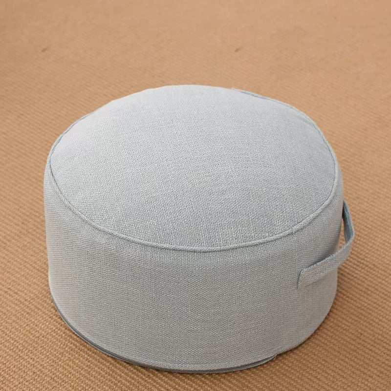 Pouf de sol rond en lin bleu clair, diamètre 40 cm, avec poignée et passepoil