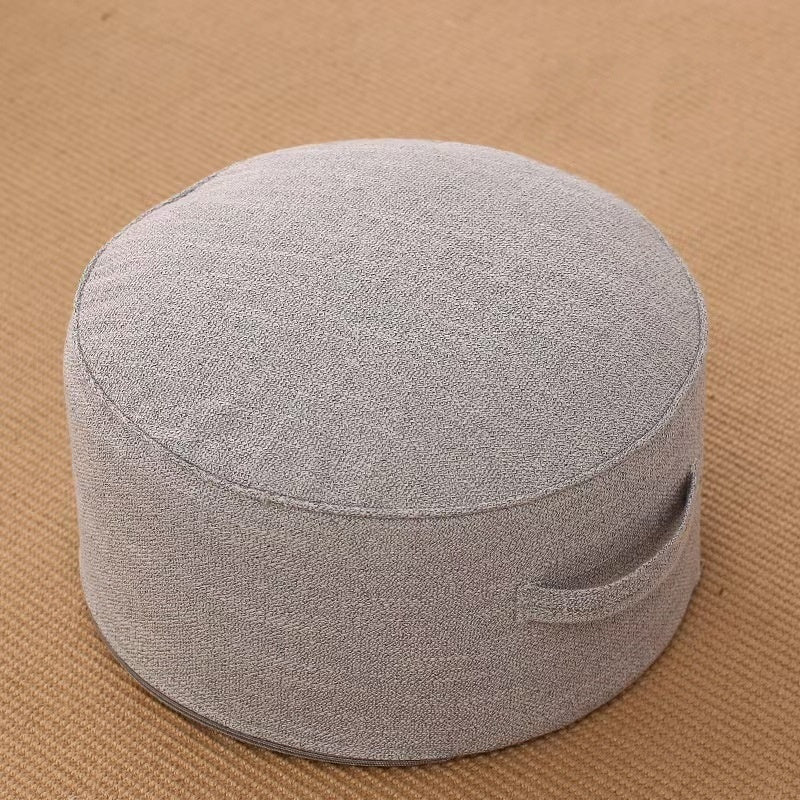 Pouf de sol rond en lin gris chiné, diamètre 40 cm, avec poignée et passepoil