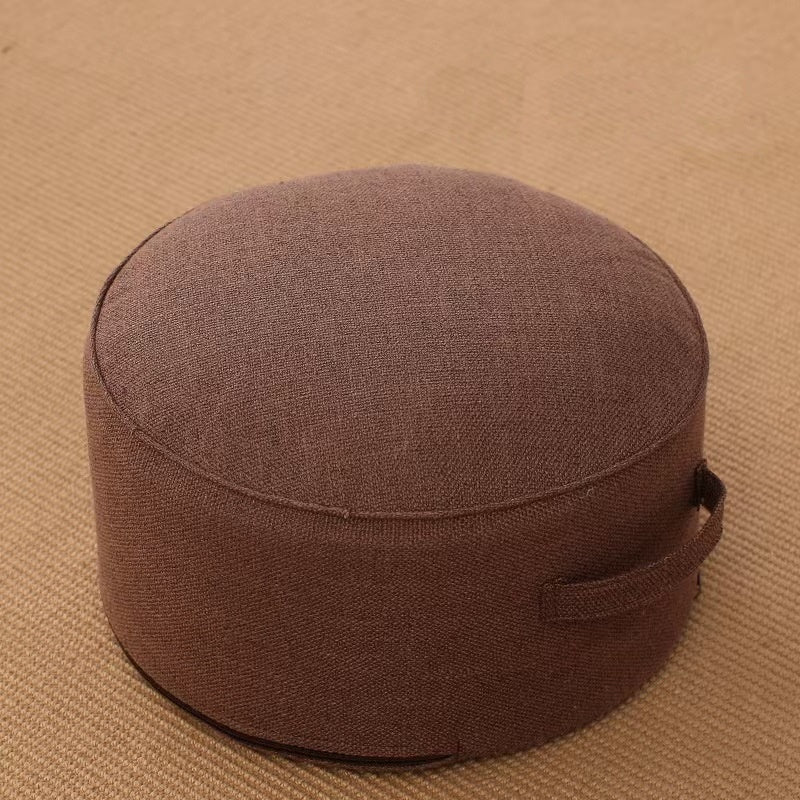 Pouf de sol rond en lin marron chocolat, diamètre 40 cm, avec poignée et passepoil