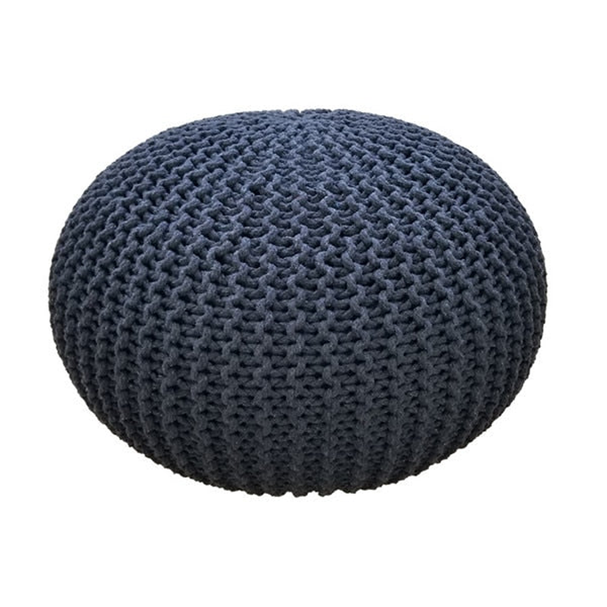 Pouf rond en grosse maille gris foncé, vu de trois quarts sur fond blanc
