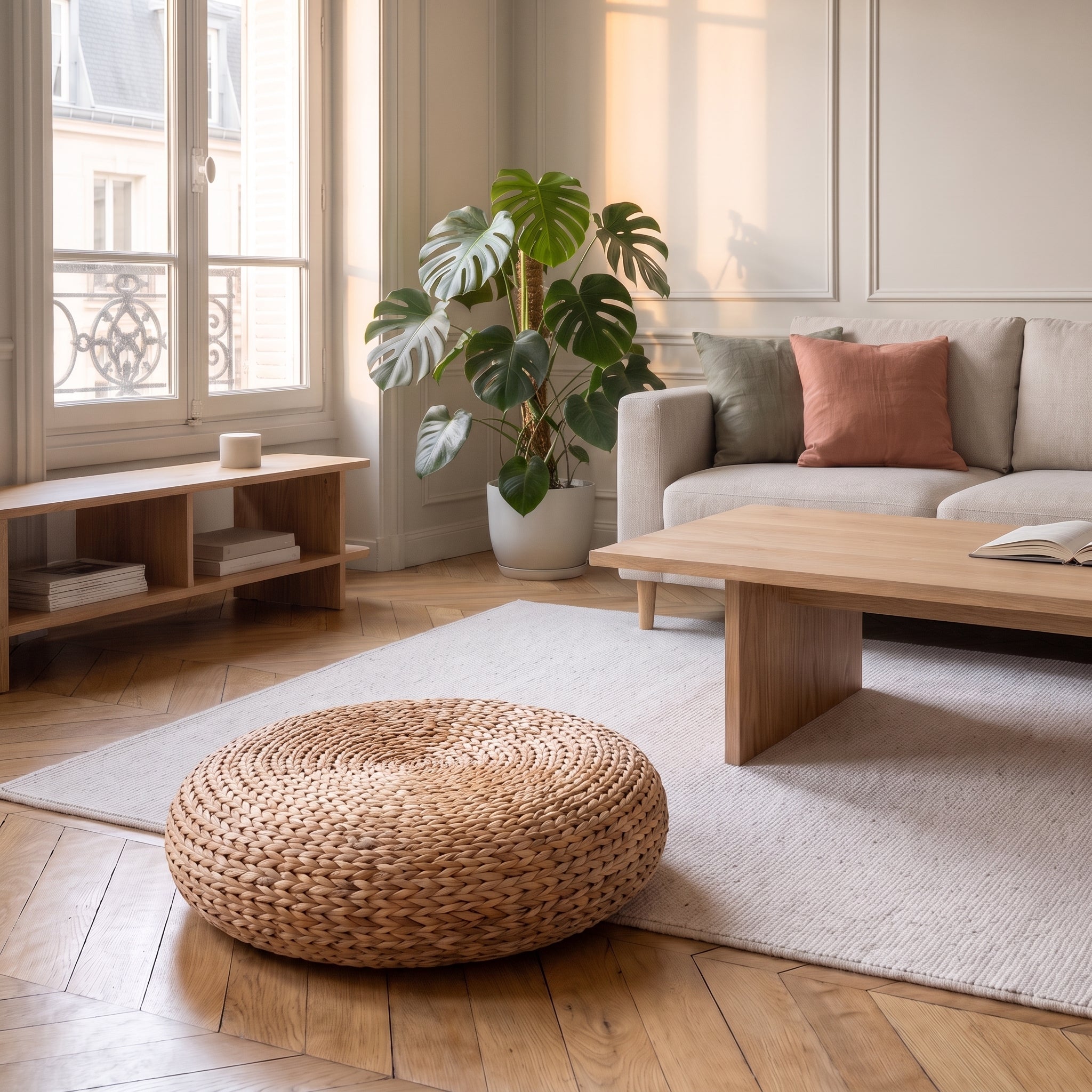 Pouf rond en fibre végétale tressée Image
