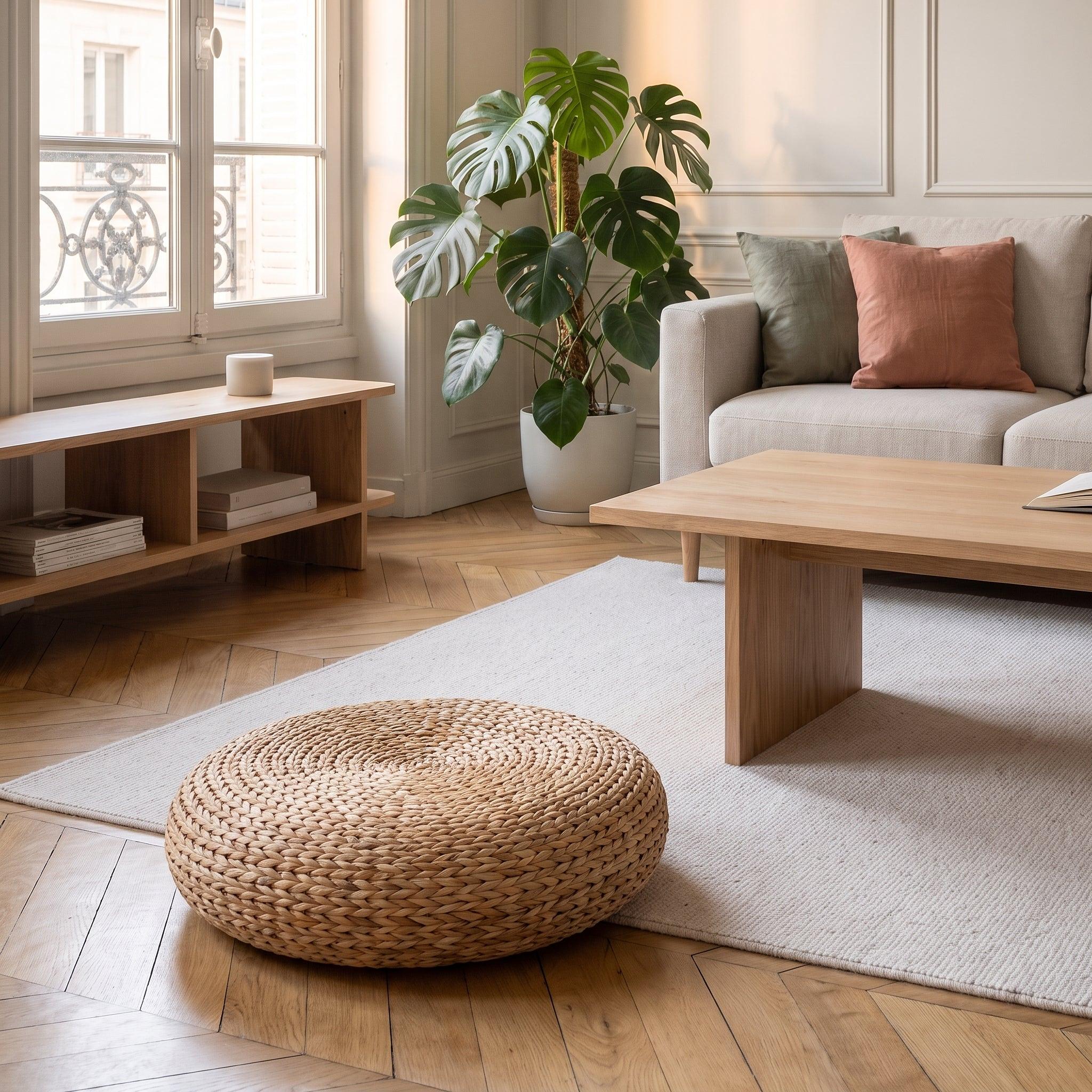 Pouf rond en fibre végétale tressée détail Image