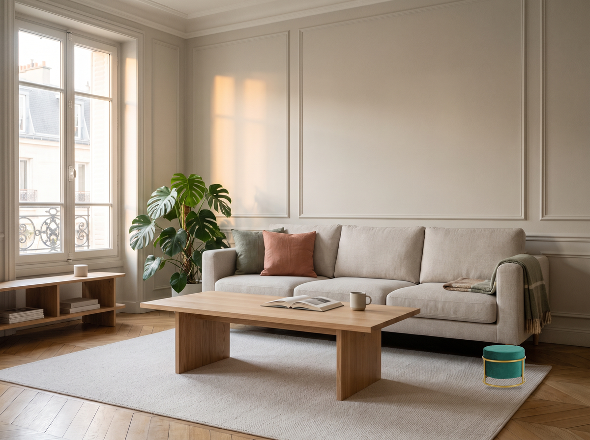 Pouf réglable vert placé entre un canapé clair et une table basse pour montrer son échelle Image