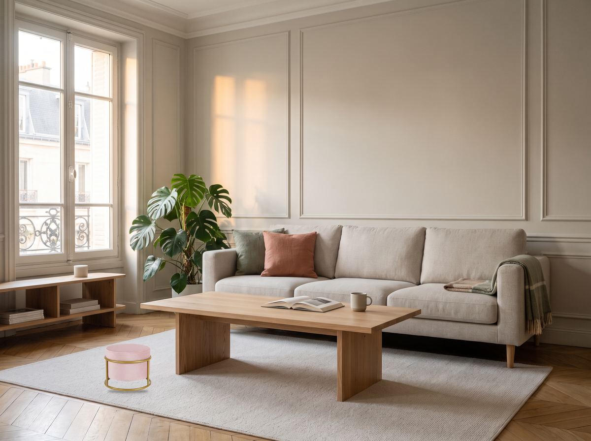 Plan rapproché sur l'assise rose et la structure dorée du pouf réglable Image