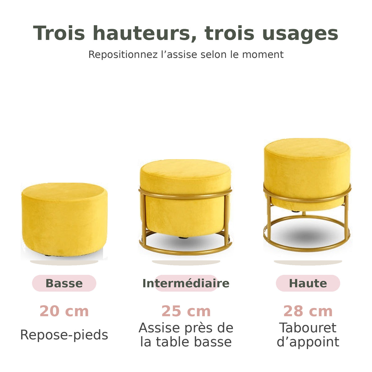 Trois positions du pouf réglable jaune : 20, 25 et 28 cm de hauteur Image
