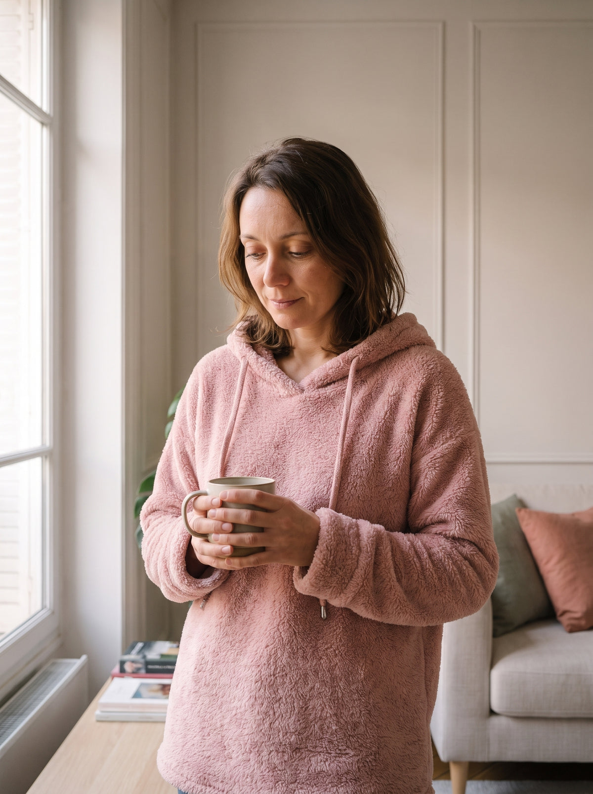 Femme du casting portant le pull long à capuche peluche rose, une tasse entre les mains Image