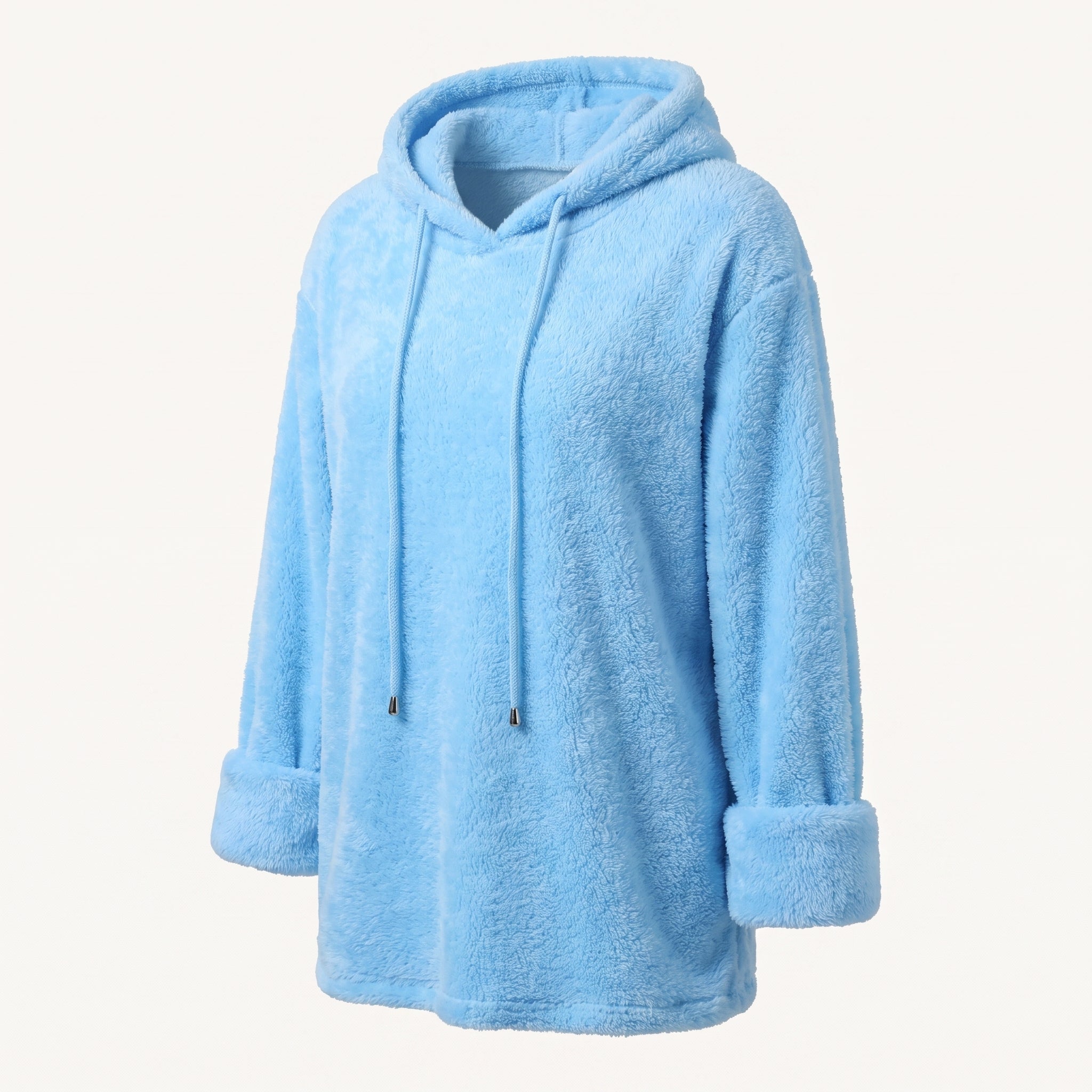 Pull long à capuche peluche bleu présenté de trois quarts sur fond blanc cassé Image