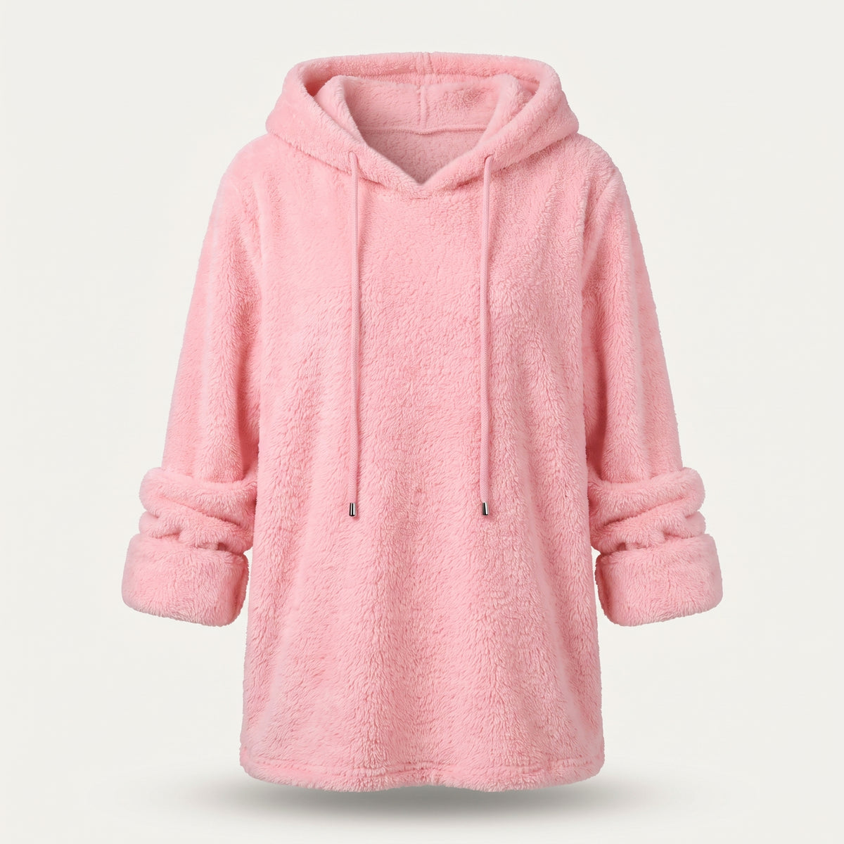 Pull long à capuche peluche rose pâle présenté de face sur mannequin invisible