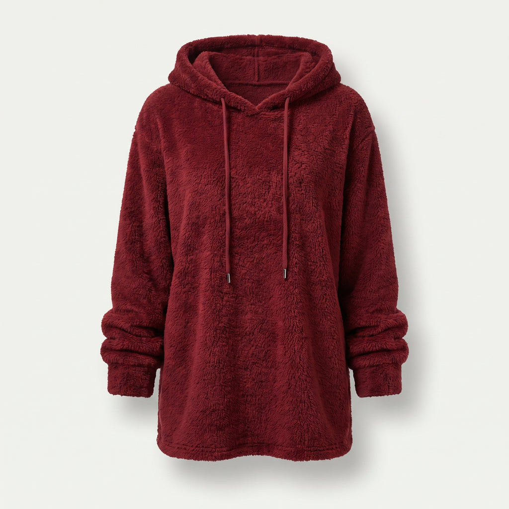 Pull long à capuche peluche rouge présenté de face sur mannequin invisible