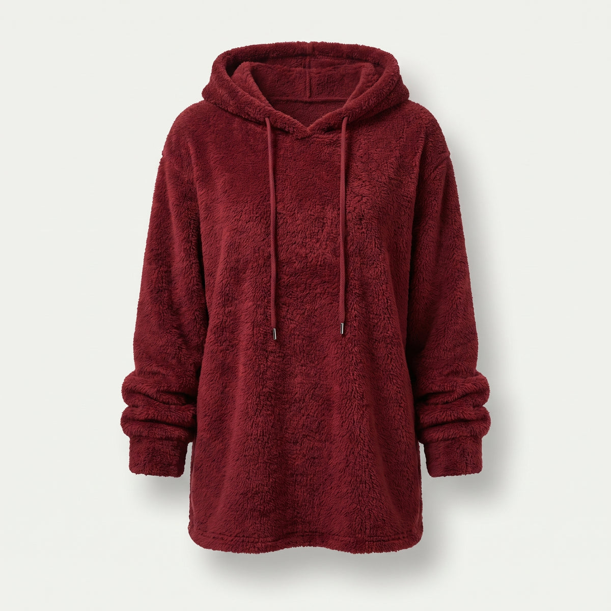 Pull long à capuche peluche rouge présenté de face sur mannequin invisible