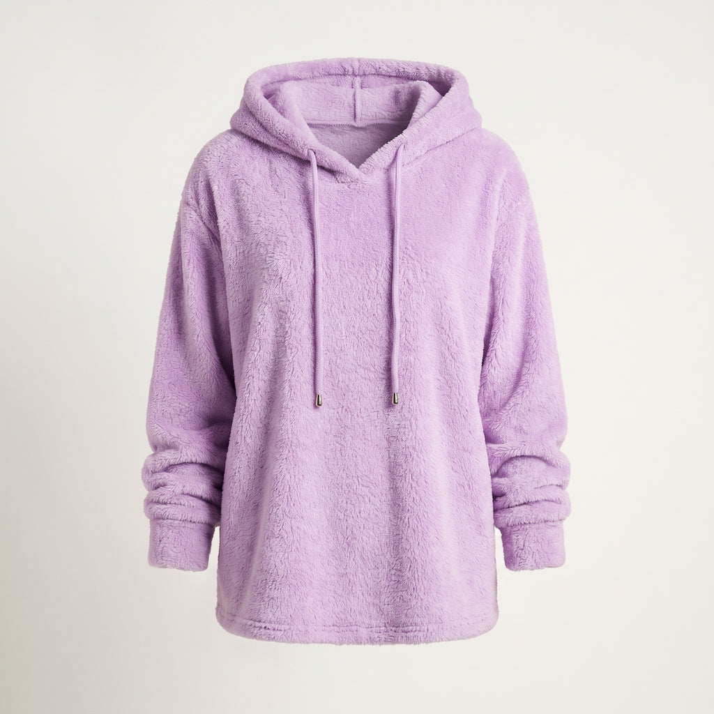 Pull long à capuche peluche violet présenté de face sur mannequin invisible