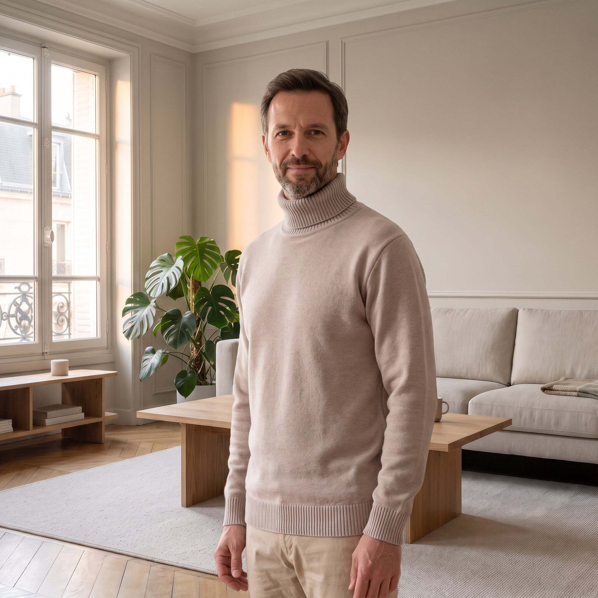 Pull col roulé polaire beige porté par un homme Image