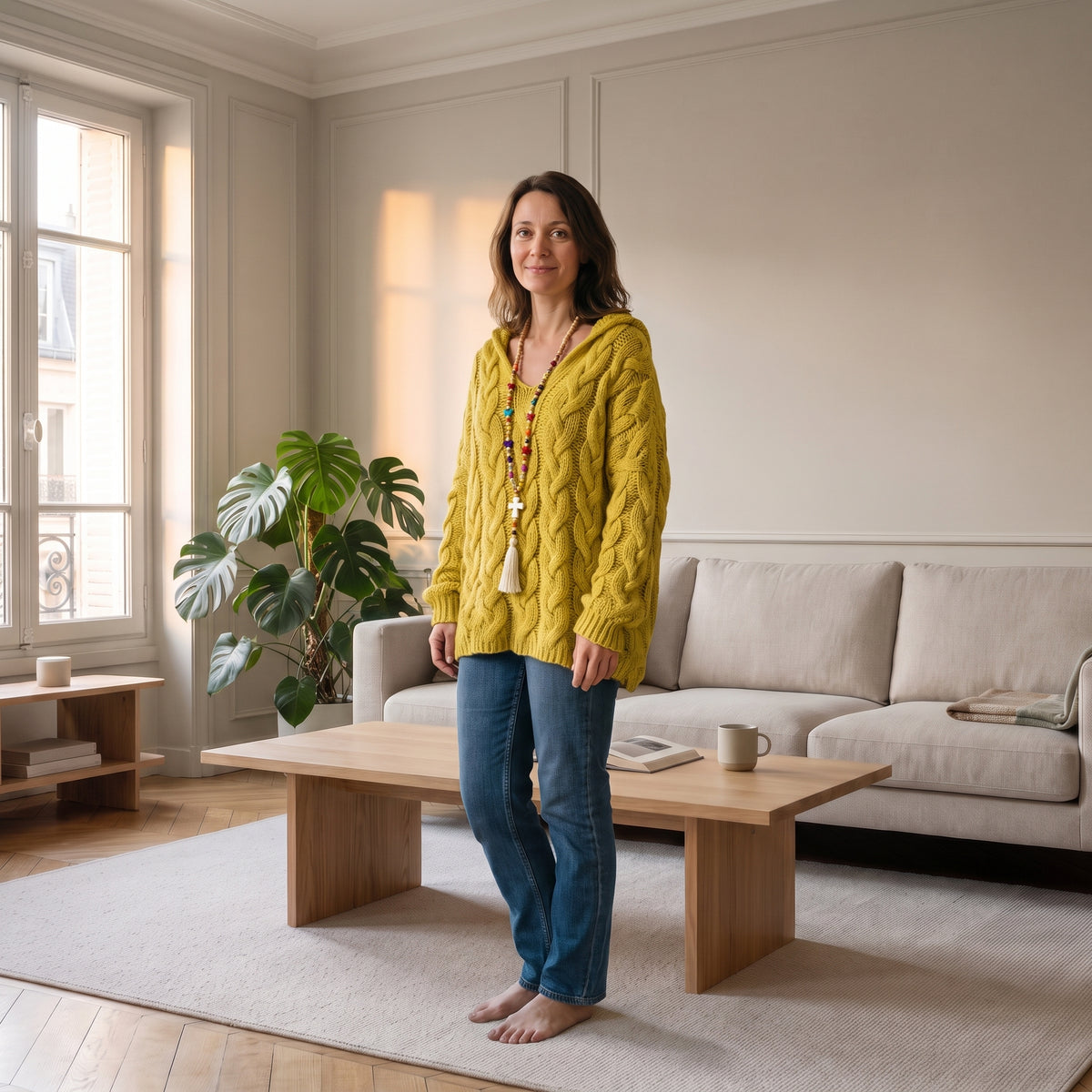 Pull en grosse maille jaune porté par une femme debout Image