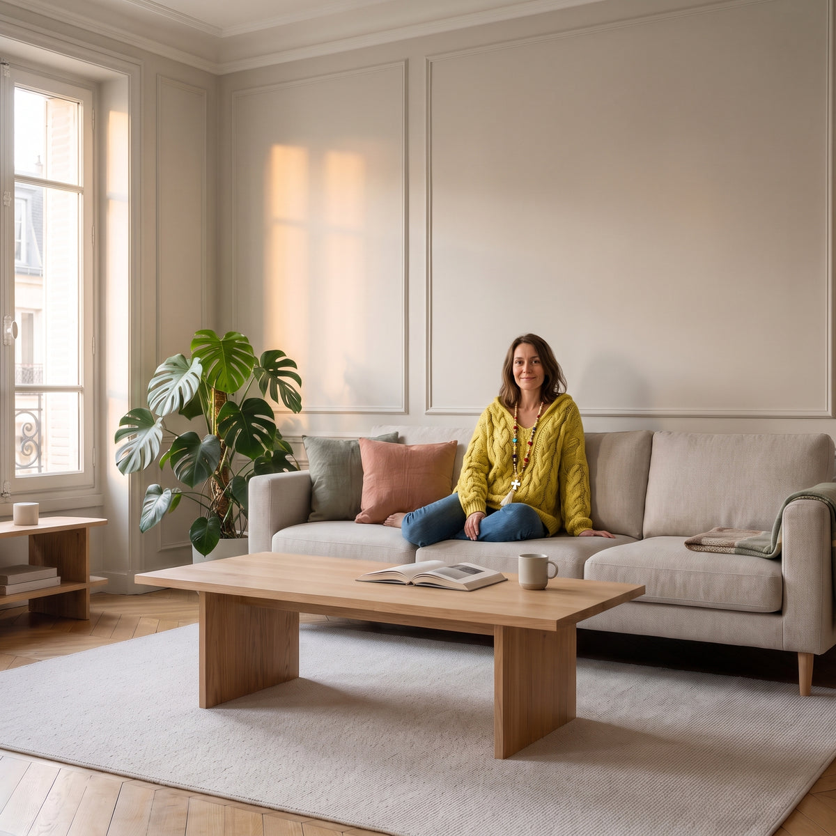 Pull en grosse maille jaune porté par une femme assise dans un salon Image