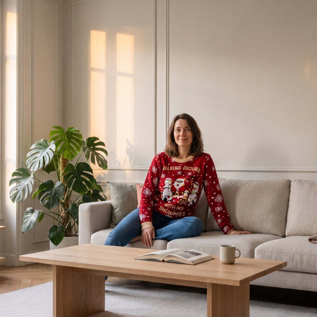Pull de Noël femme rouge porté assise dans un salon lumineux