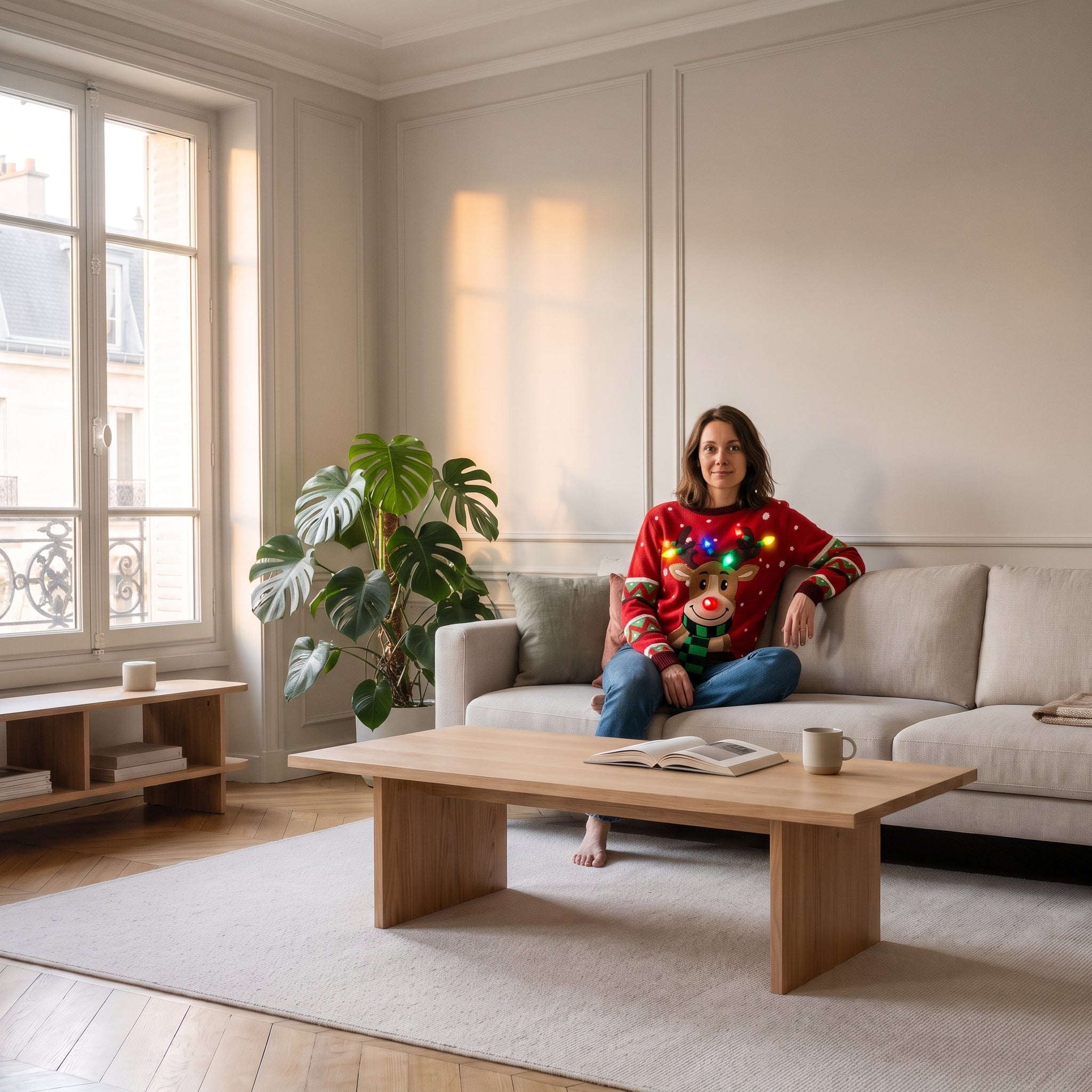 Pull rouge à renne lumineux dans un salon chaleureux Image