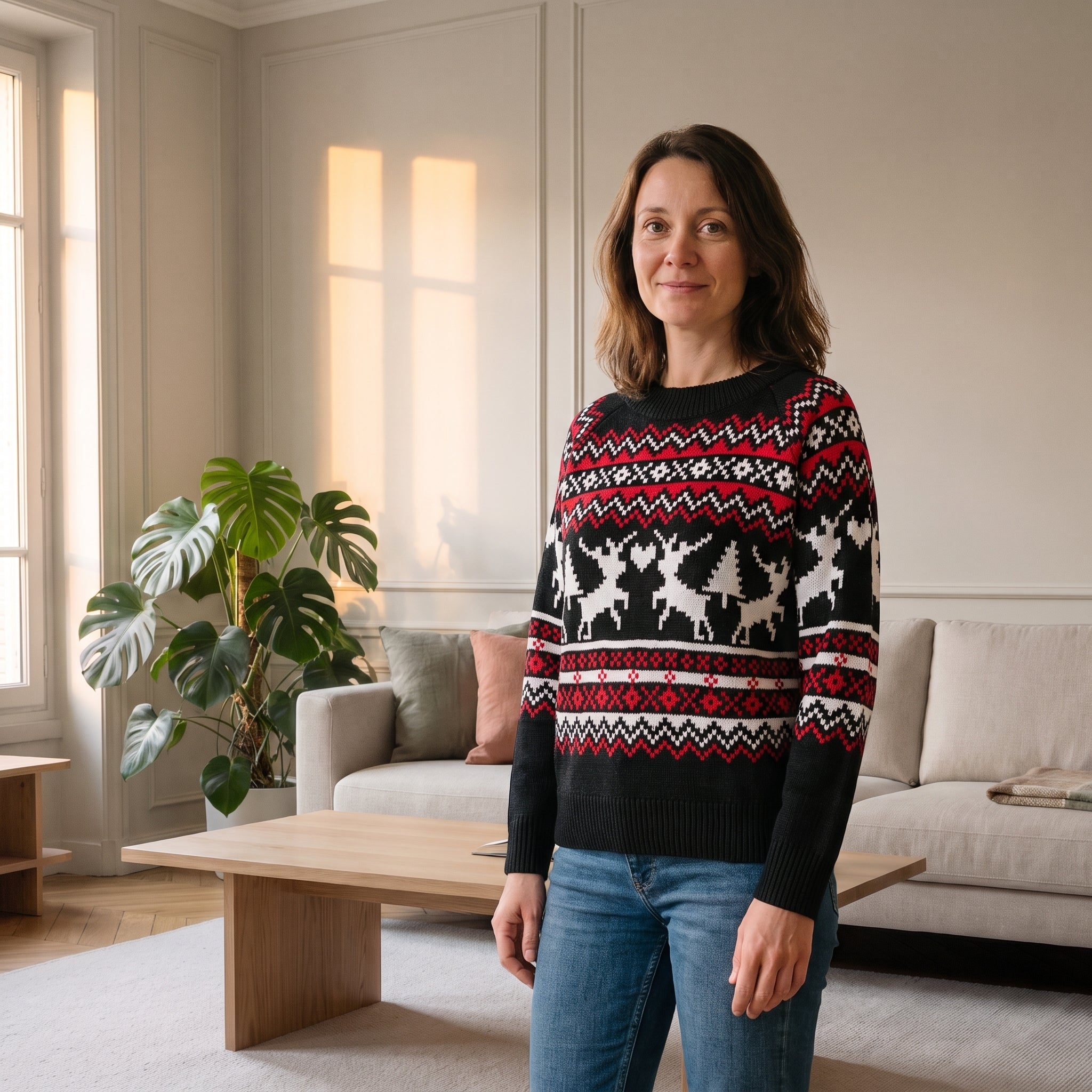Pull de Noël femme noir à rennes porté de face dans le salon Image