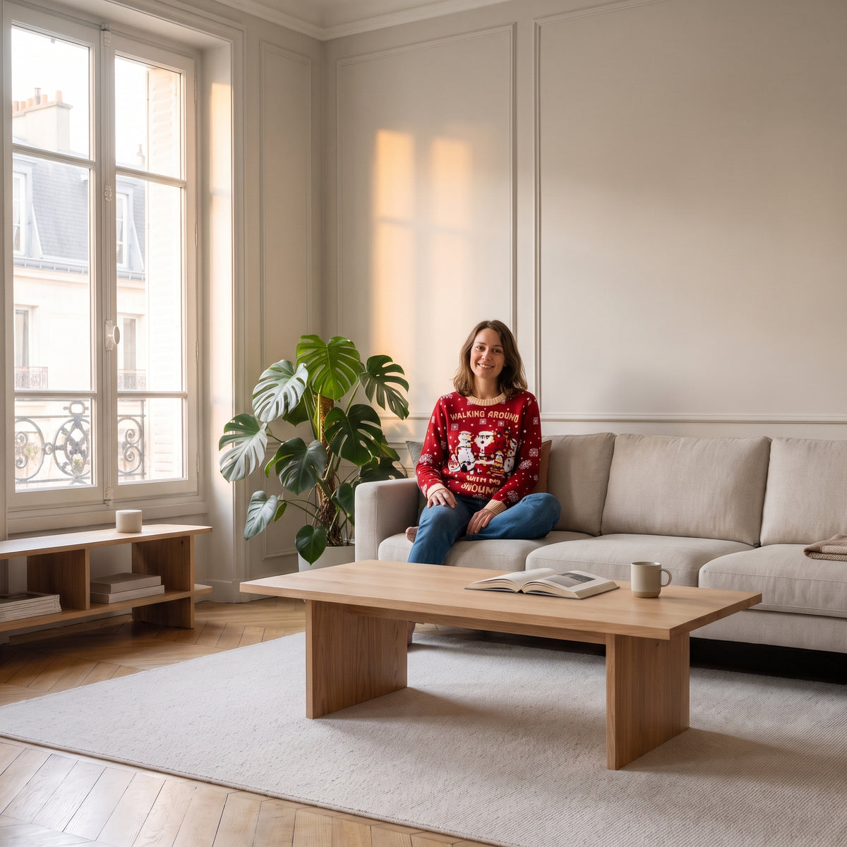 Pull de Noël femme rouge porté dans un salon lumineux Image