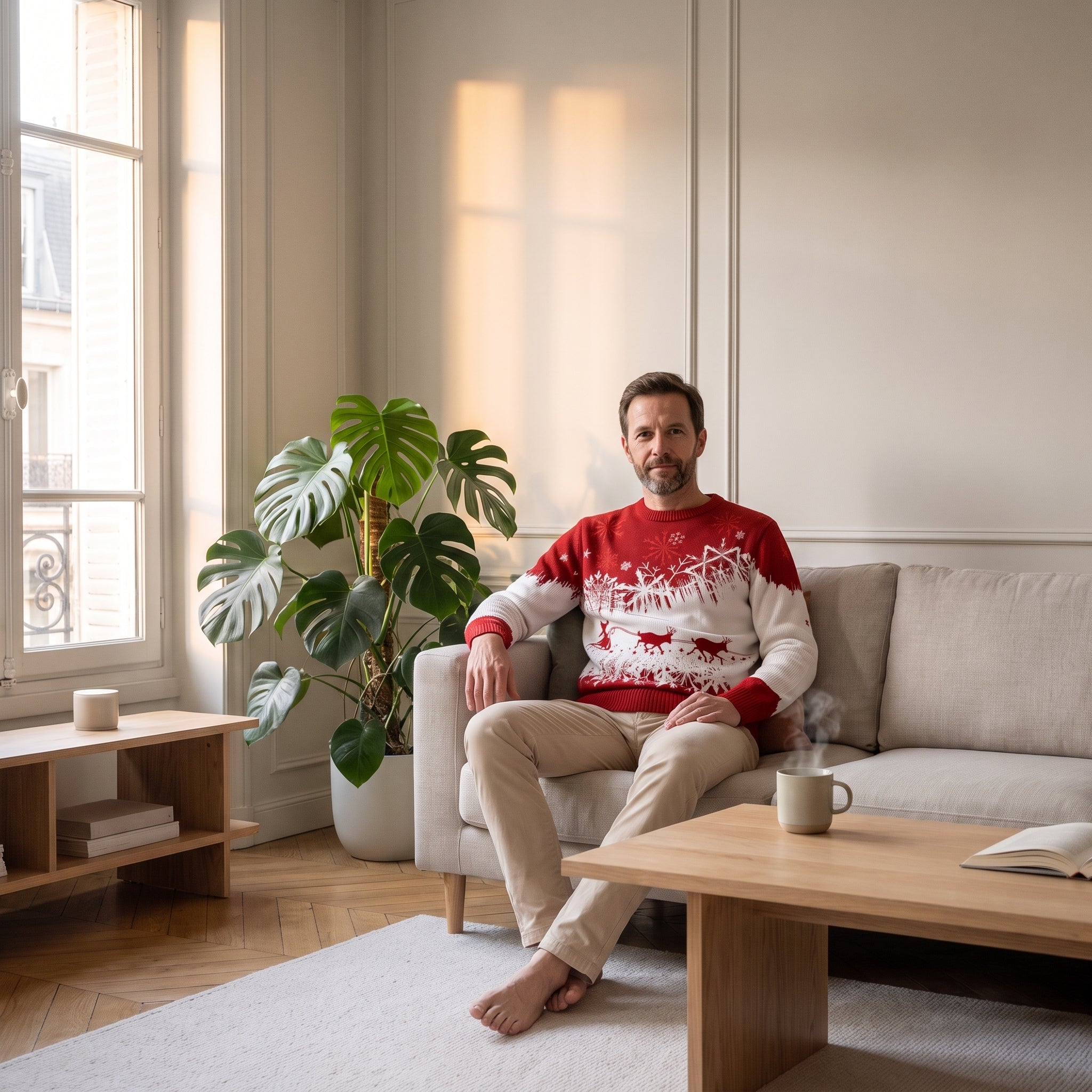 Pull de Noël homme rouge et blanc à traîneau porté assis sur le canapé du salon Image
