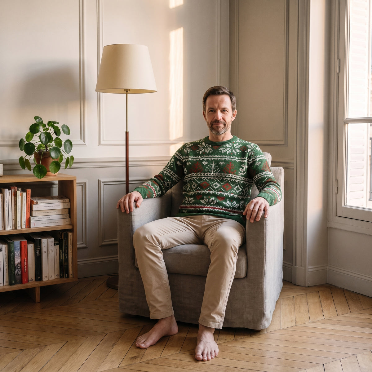 Pull de Noël homme vert à frises nordiques porté assis dans le fauteuil du coin lecture Image