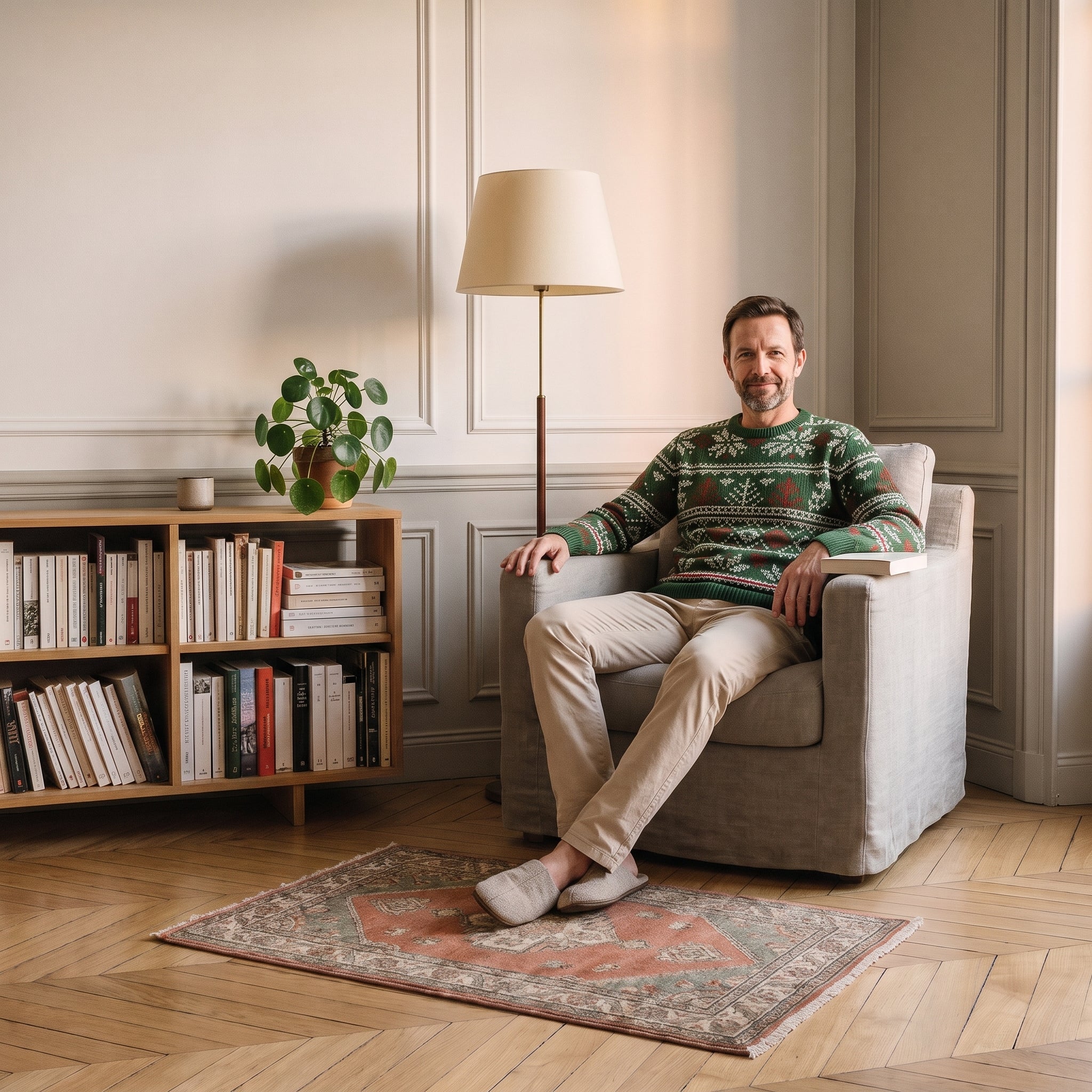 Pull de Noël homme vert à frises nordiques porté assis dans le fauteuil du coin lecture Image