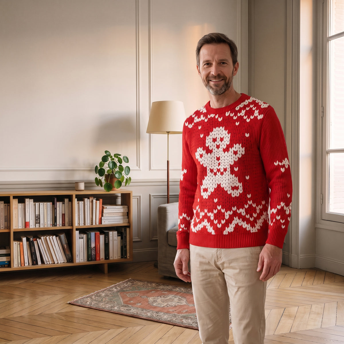 Pull de Noël homme rouge à bonhomme pain d’épices porté debout à l’échelle du coin lecture Image