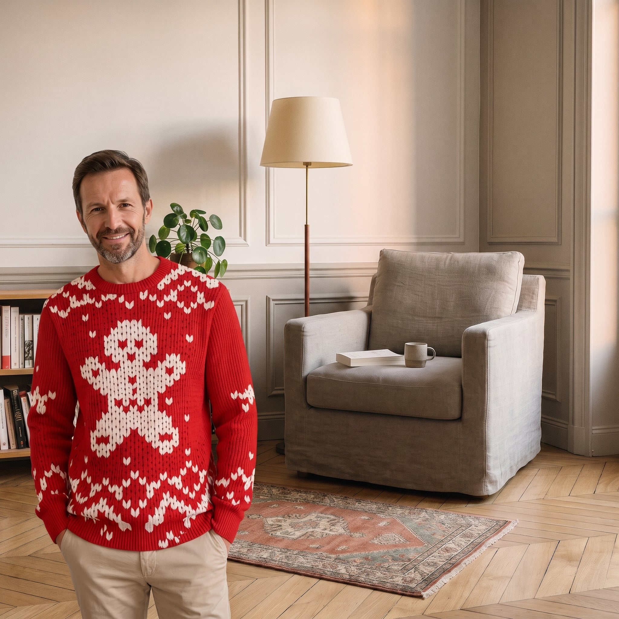 Pull de Noël homme rouge à bonhomme pain d’épices porté debout dans le coin lecture Image