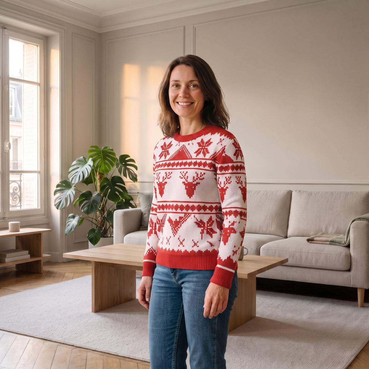 Pull de Noël blanc à rennes porté Image